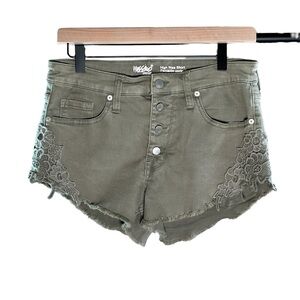 Army Green Short Shorts with Button Fly and Crochet Side Detail | Mossimo SZ 8